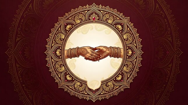 Two hands of an indian bride and groom joined together in a traditional wedding ceremony featuring intricate henna patterns and ornate gold bangles set against a rich deep 