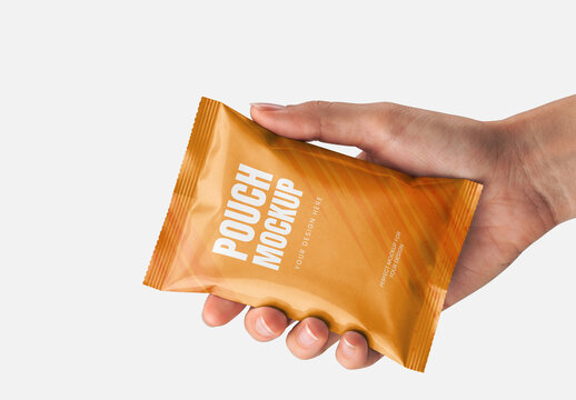 Close-up of Hand Holding Pouch Mockup Isolated on White Background