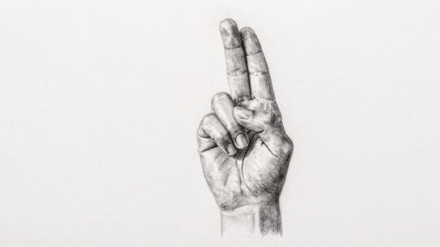 Black white drawing hand shown holding fingers pointing thumb touching index finger middle wrinkled skin backg