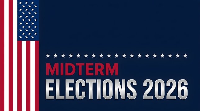 Graphic illustration for the 2026 US midterm elections featuring the American flag and text.