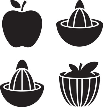 Collection of four black silhouette showing a whole apple and various fruit juicing tools and citrus reamers for kitchen