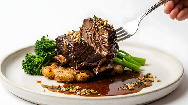 Fork lifting a tender chunk of glossy braised beef short rib over a restaurant plate with rich dark sauce, roasted potatoes, and broccolini on white background.