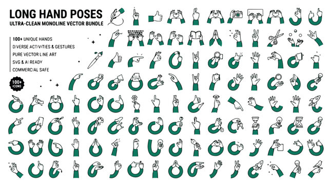 Monoline hand poses vector bundle, 100+ unique hand gestures and diverse activities, ultra clean line art icons for commercial design