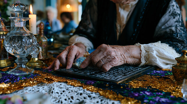 Weathered hands of an estate sale organizer price a ceramic figurine among cluttered tabletops of someone's lifetime belongings, family members visible in doorway watching quietly, overcast light th