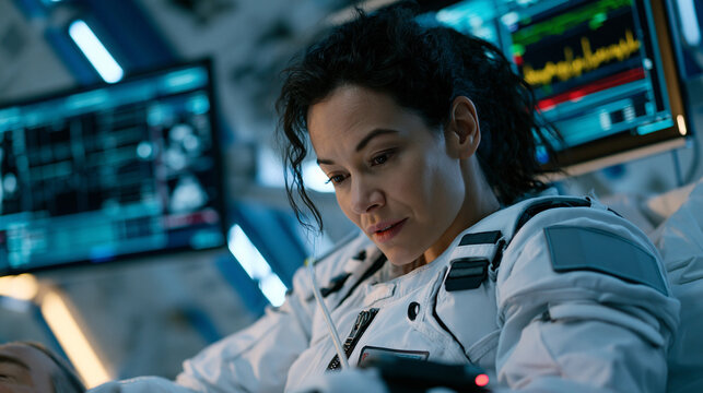Astronaut medical officer aboard a space station conducts a bone density ultrasound scan on a crewmate using portable diagnostic hardware, radiation dosimetry badge readings and pharmaceutical count