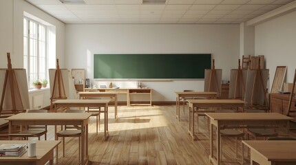 Fototapeta premium Empty Classroom with Desks, Easels, and Chalkboard Ready for Students.
