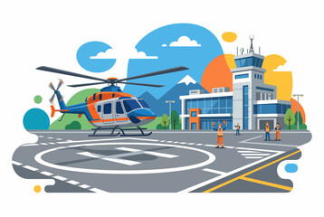 Naklejka premium Helicopter Landing at Airport Control Tower and Helipad Vector