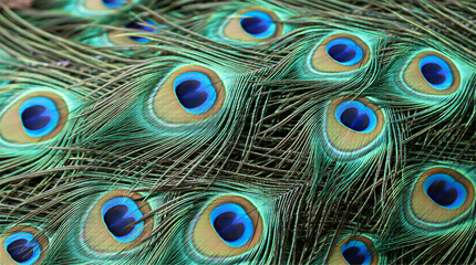 Obraz premium Close-up Iridescent Peacock Tail Feathers with Eye Patterns, Macro Texture Detail