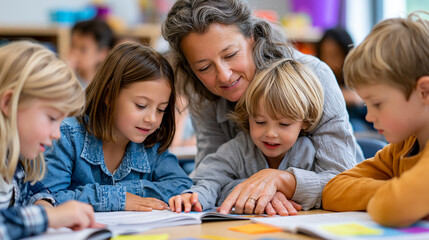 Fototapeta premium Experienced elementary teacher facilitating small mixed-ability reading group at kidney-shaped table, differentiated leveled readers spread before four students of varying backgrounds, sticky notes 