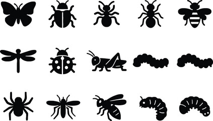 Set of black insect icons with different types of bugs and flies Vector © MstSabrina