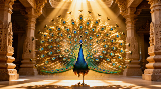 Sacred Peacock in Divine Golden Radiance, Temple Devotional Scene