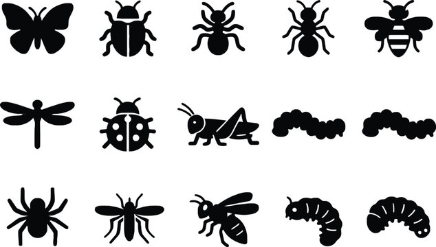 Set of black insect icons with different types of bugs and flies Vector