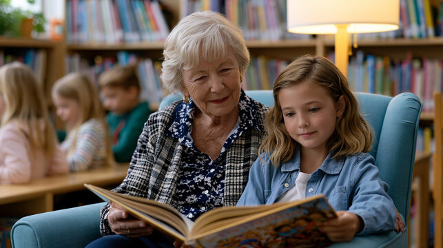 Intergenerational classroom scene with senior community volunteer reader seated beside second-grader in school library armchair, large illustrated picture book open between them, other student reade