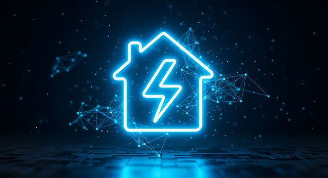 Glow blue neon smart home energy icon with lightning bolt on digital network background