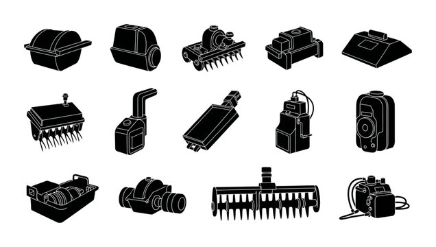 A comprehensive collection of black silhouette icons representing diverse agricultural machinery and farming equipment tools used for field cultivation and land management