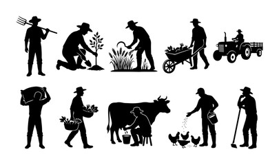 Fototapeta premium Set of agricultural farmer icons featuring planting harvesting milking cows and tractor work silhouettes for farm design projects