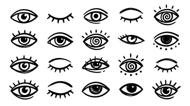 Hand drawn eye icon set in doodle line illustration style