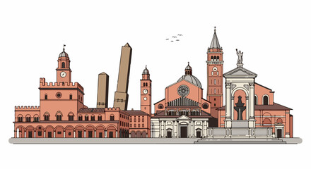 Fototapeta premium Stylized city skyline featuring towers, domes, and a monument