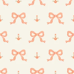 Seamless Bow Pattern with Cute Ribbon and Floral Elements on Neutral Background, Feminine Decorative Surface Design for Fabric, Wallpaper and Gift Wrap. © Sommai