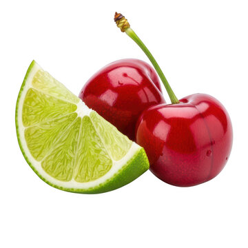 Assorted fruits including cherries and lime on a white background