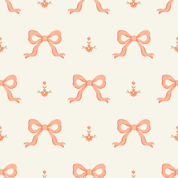 Seamless Bow Pattern with Cute Ribbon and Floral Elements on Neutral Background, Feminine Decorative Surface Design for Fabric, Wallpaper and Gift Wrap.