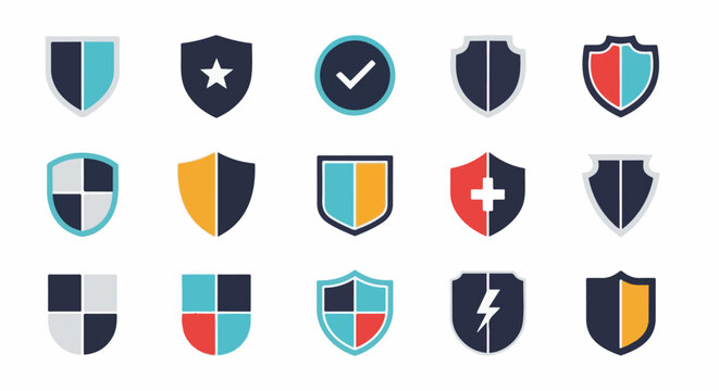 Collection of 15 diverse shield icons in flat design, symbolizing protection, safety, and security