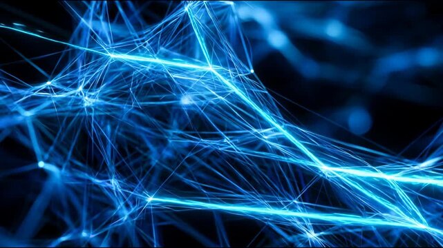 Abstract macro view of complex interlocking geometric structures and glowing blue optical fiber strands. Corporate strategy presentation background.