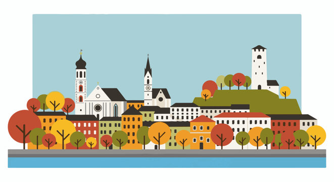 Stylized cartoon cityscape with autumnal trees and prominent church spires, bordered by water