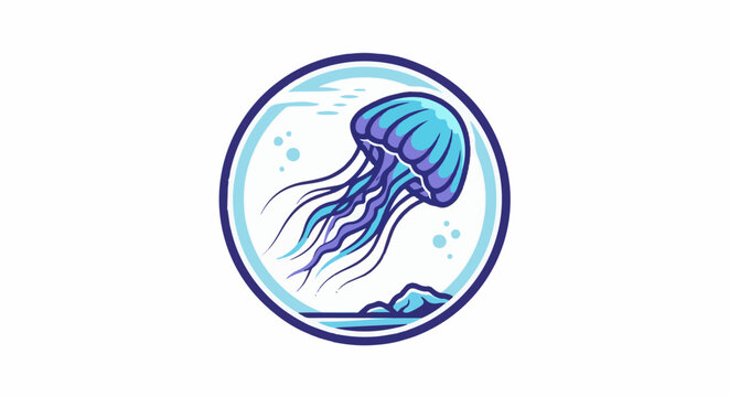 Stylized blue and purple jellyfish floats in clear water with rocks