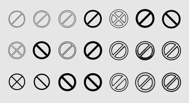 Collection of diverse circular prohibition and forbidden signs in various styles and line weights
