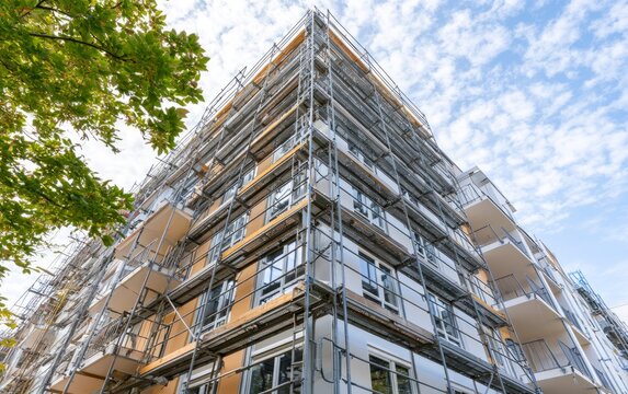 Modern Multi-Story Residential Building Under Construction Surrounded by Scaffolding and Trees