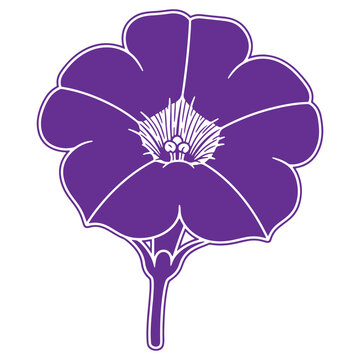 Purple flower illustration with white outline and stem isolated on transparent background