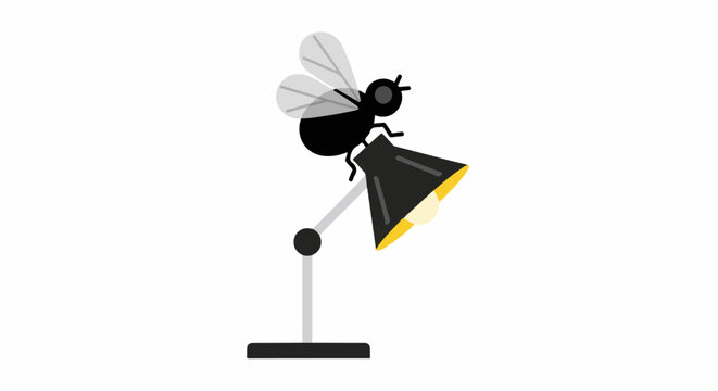 A black fly with translucent wings perches on a black desk lamp with a bright yellow interior
