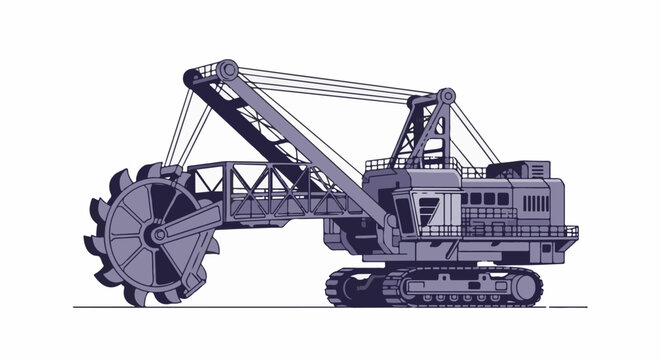Massive bucket wheel excavator, a colossal machine with a giant rotating wheel, on a flat surface