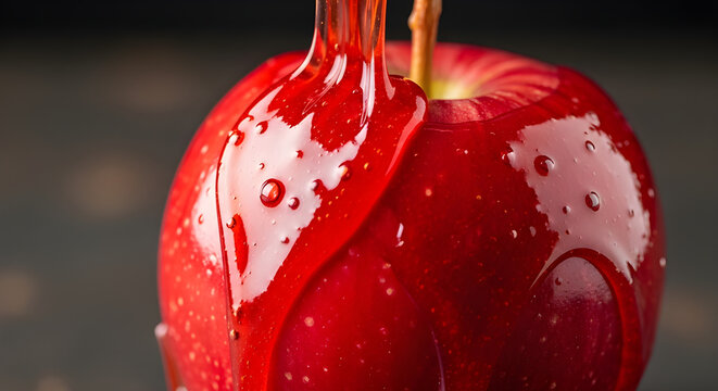Macro Close Up of Dripping Red Caramel Candy Apple
