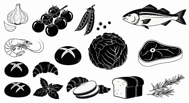 A collection of food illustrations including fish, meat, seafood, vegetables, herbs, and baked goods