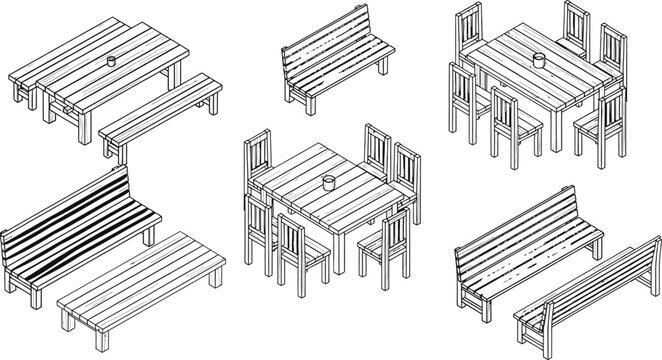 Isometric wooden outdoor furniture set vector including picnic tables benches and dining chairs for garden patio landscape design