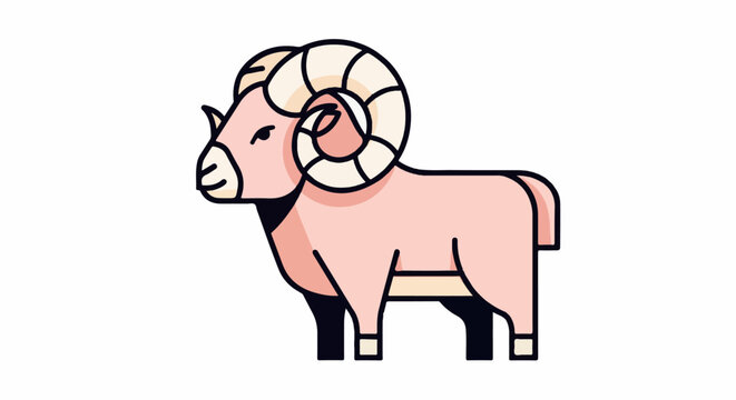 Stylized pink ram with large curled horns, a gentle expression, and dark hooves