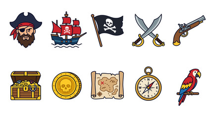 Colorful Pirate Treasure and Adventure Icons Collection. © IP STOCK