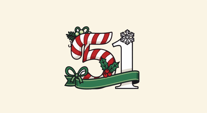Festive number 51 with candy cane, snowflake, holly, and ribbon