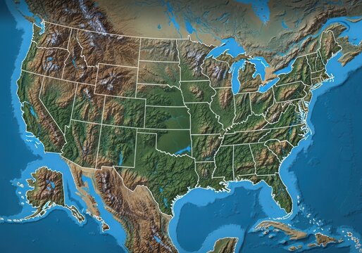 Physical relief map of the united states with state borders and surrounding ocean waters