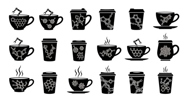 Molecular chemistry coffee cup icons showcasing laboratory science and bio technology research symbols for pharmaceutical industry and education projects vector