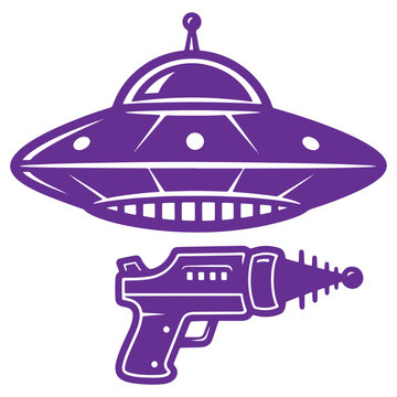Purple UFO and laser gun icons isolated on transparent background  science fiction theme graphics for design and illustration purposes