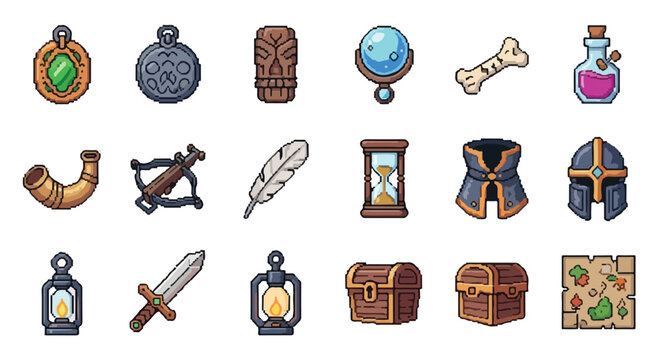 A set of eighteen pixel-art style vector icons representing various fantasy RPG adventure items, including weapons, gear, and magical artifacts.