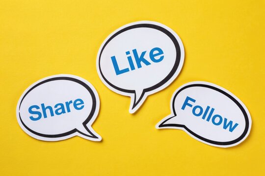 Three white speech bubbles with like, share, and follow text on yellow background