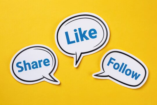 Three white speech bubbles with like, share, and follow text on yellow background