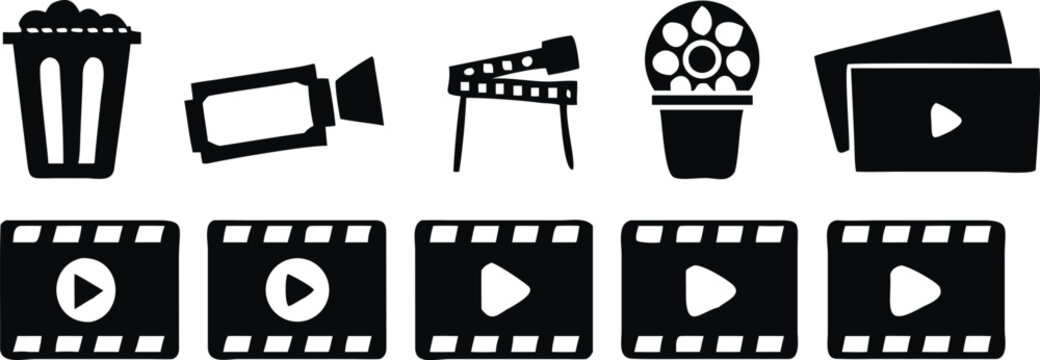 Collection of black cinema and including reels, cameras, and popcorn buckets