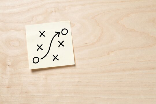 Strategy diagram with x and o marks on a yellow sticky note on wood