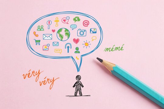 Hand-drawn stick figure with social media in speech bubble on pink paper