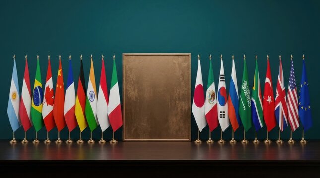 Flags of various countries on a table with a blank board in the middle for international meeting or conference
